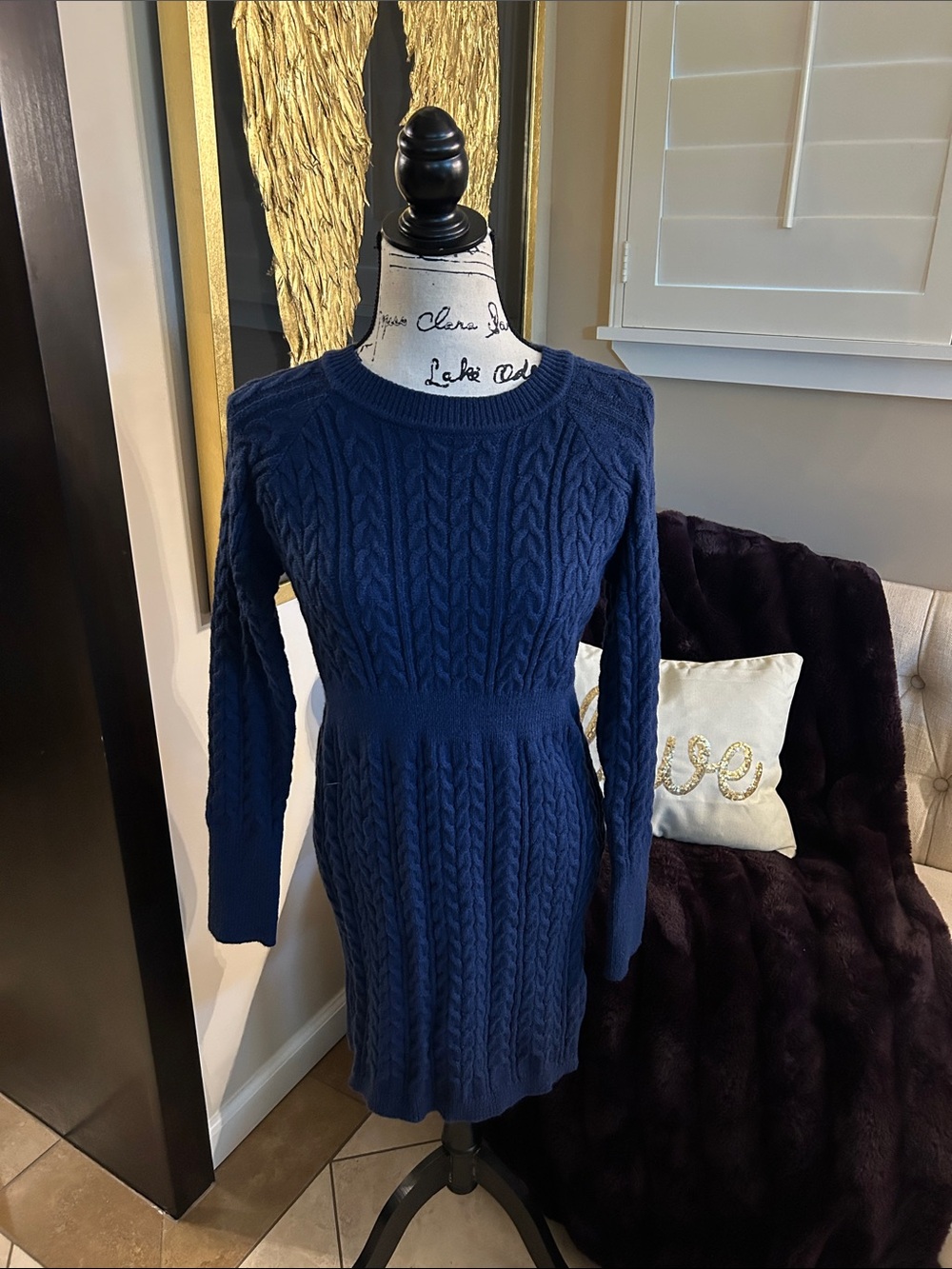 SHEIN Navy Cable-Knit Long Sleeve Sweater Dress
